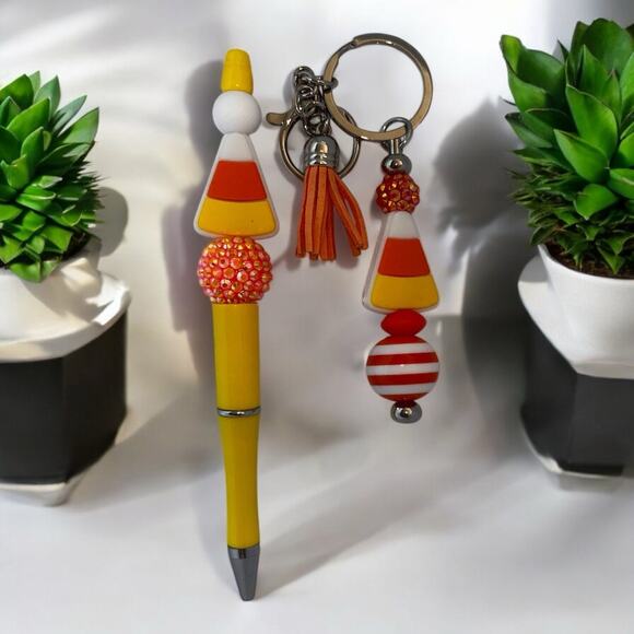 Candy corn Handmade Beaded Ballpoint Pen & Matching Keychain - Picture 1 of 1